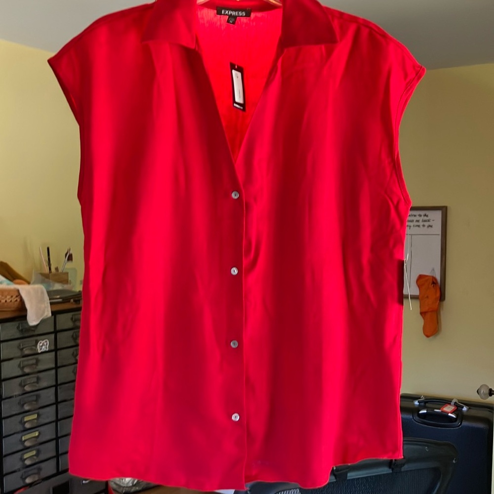 NWT Express Linen-Blend Cap Sleeve Oversized Button Up Shirt